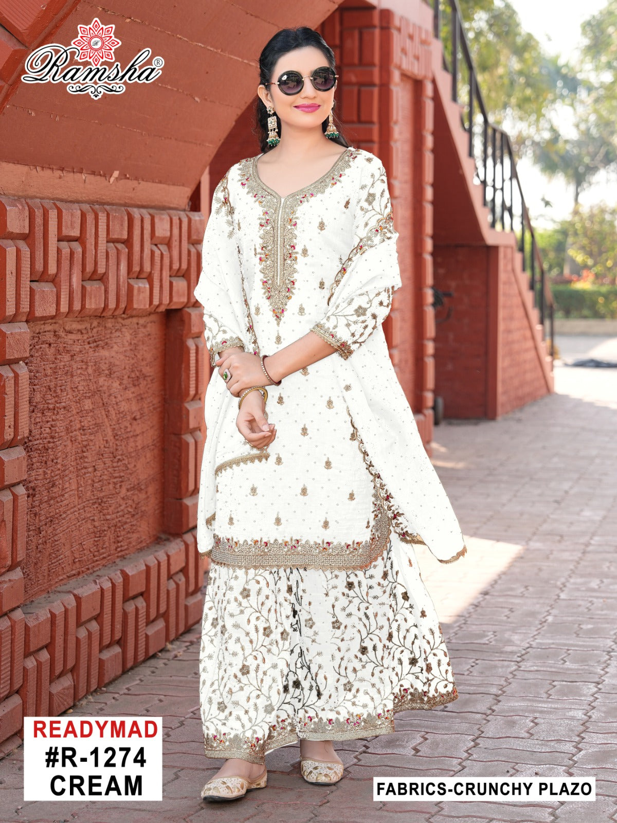R 1274 Cream-Black Ramsha Crunchy Pakistani Readymade Suits Supplier
