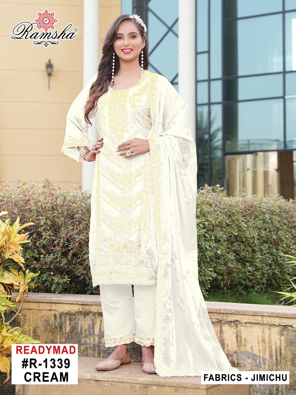 R 1339 Cream Black Ramsha Jimmy Choo Pakistani Readymade Suits Wholesaler India