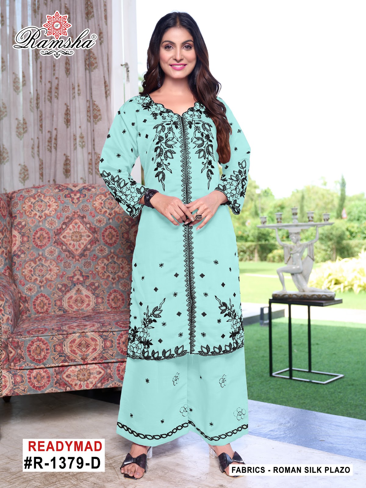 R 1379 Ramsha Roman Silk Kurti Plazzo Set Wholesale Price