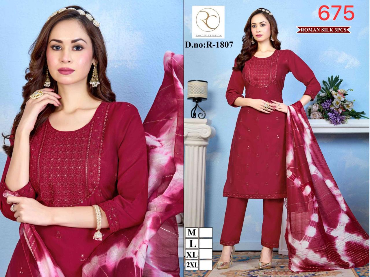 R 1803-1807 Ramdev Creation Roman Silk Readymade Pant Style Suits Wholesale Rate
