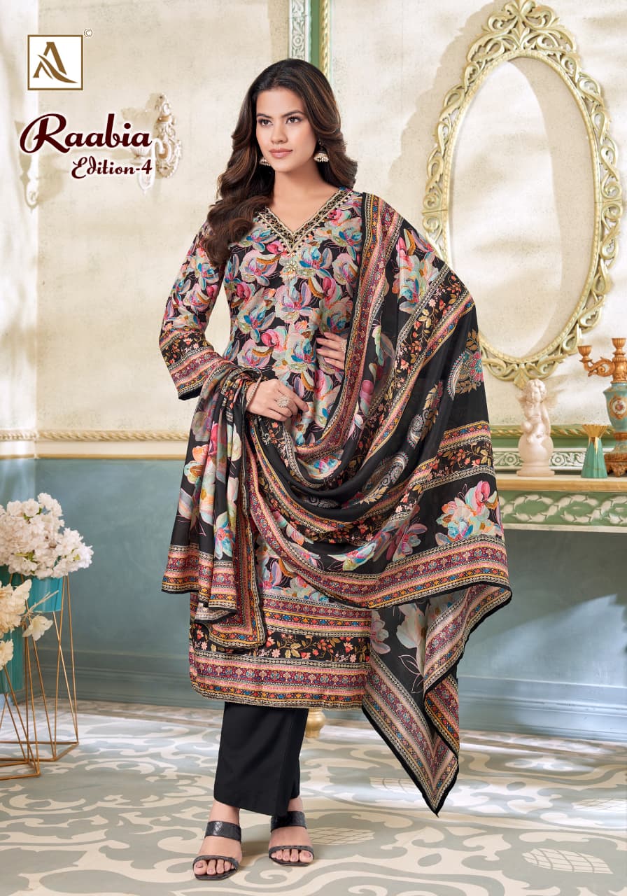 Raabia Edition 4 Alok Viscose Muslin Karachi Salwar Suits Manufacturer Gujarat