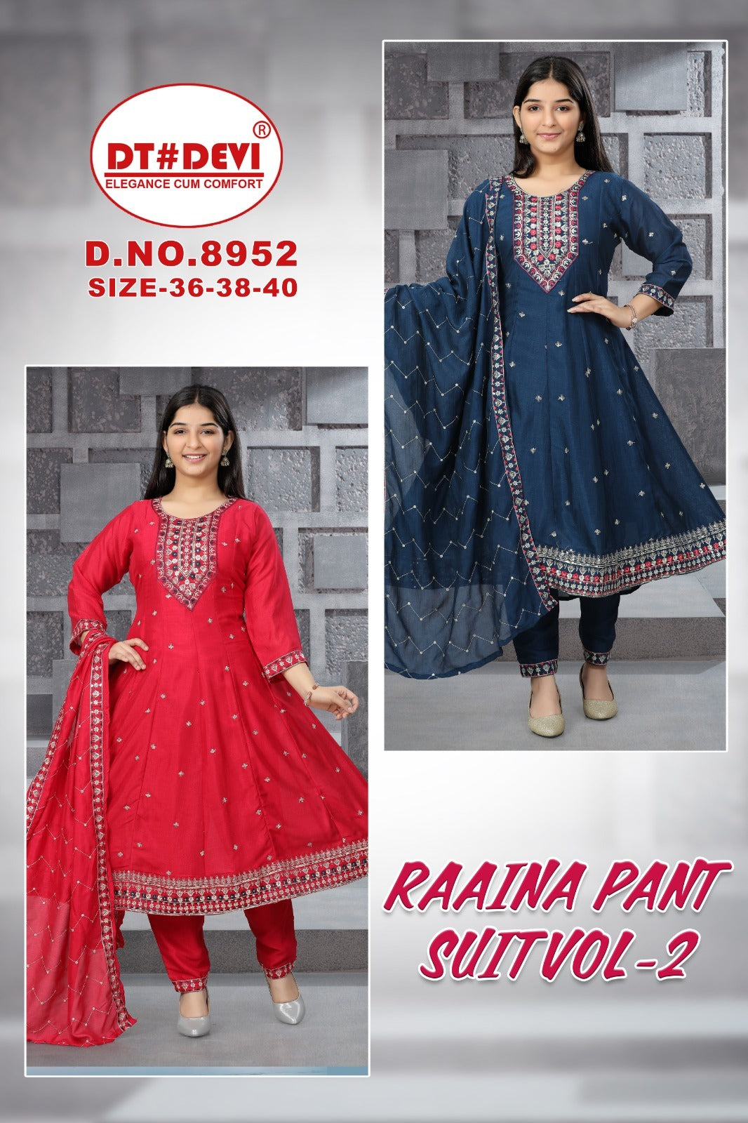 Raaina Vol 2 Dn 8952 Dt Devi Vichitra Silk Girls Readymade Pant Suits Exporter Gujarat