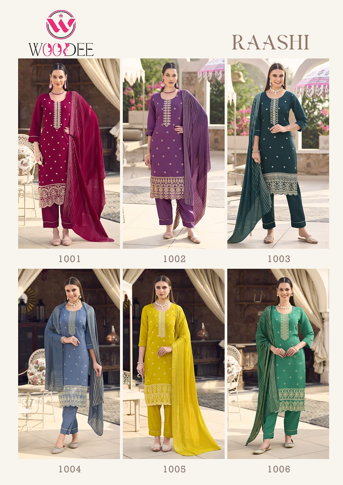 Raashi Woodee Roman Silk Readymade Pant Style Suits Exporter India