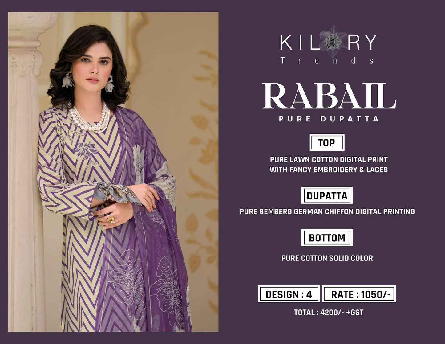Rabail Kilory Pure Lawn Pant Style Suits Wholesale Rate