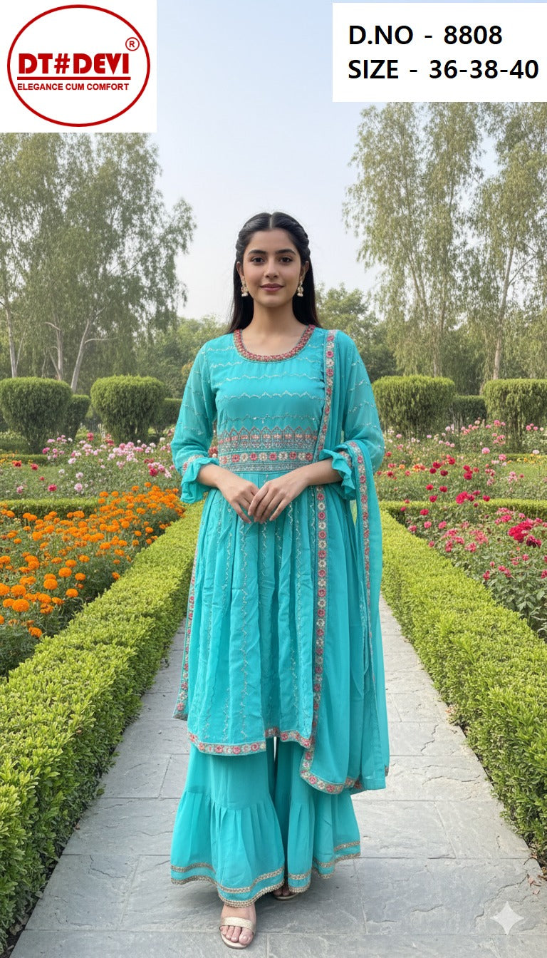 Radhika 8808 New Blue Yellow Dt Devi Georgette Girls Readymade Sharara Suits Supplier