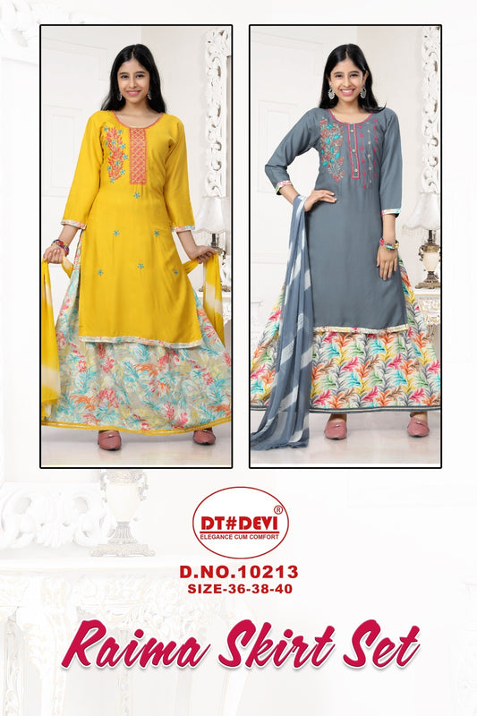Raima-10213 Dt Devi Rayon Readymade Skirt Style Suits Supplier Gujarat