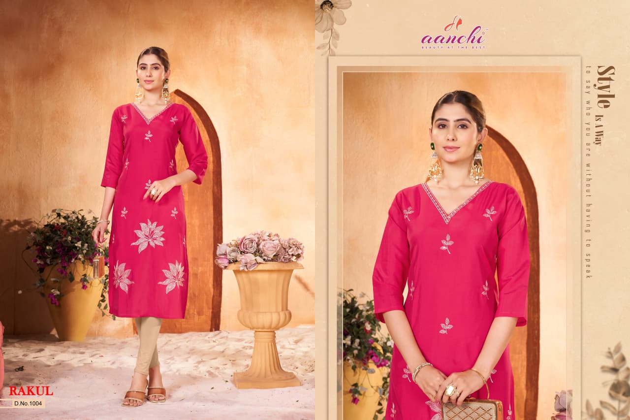 Rakul Aanchi Roman Silk Straight Cut Kurtis Manufacturer