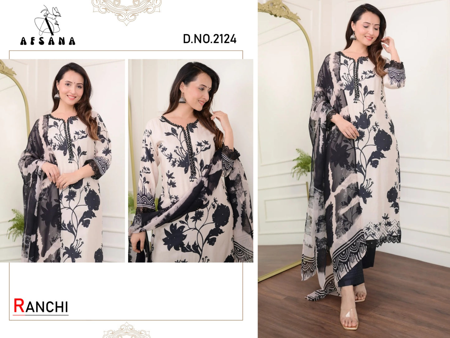 Ranchi 2124 Afsana Pure Muslin Readymade Pant Style Suits Wholesale