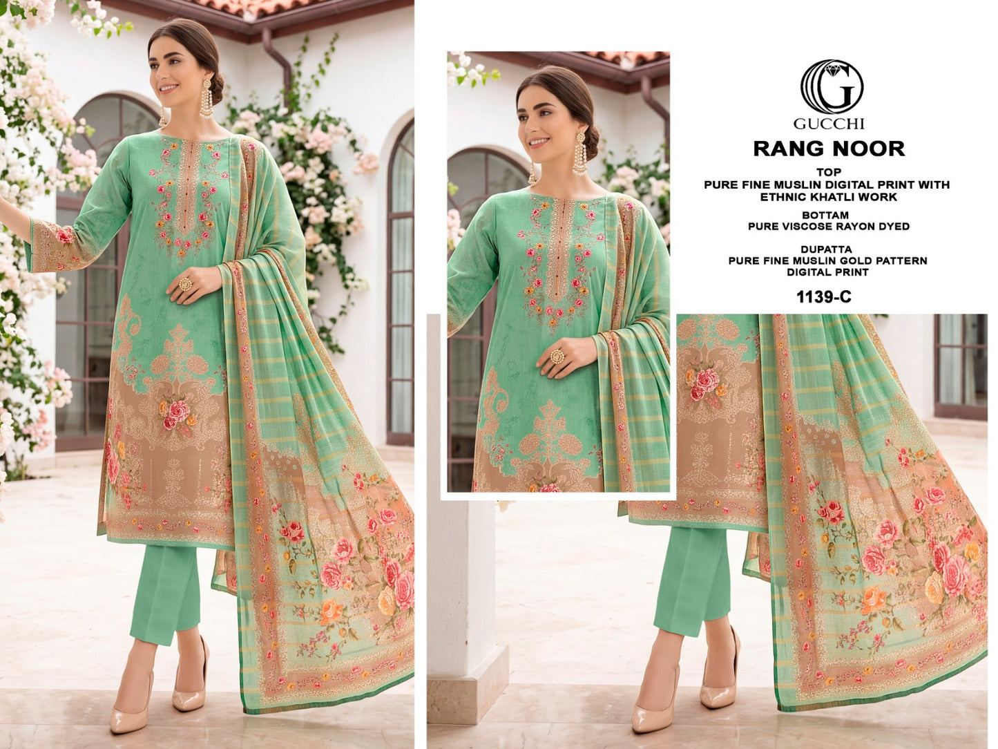 Rang Noor 1139 Gucchi Muslin Pant Style Suits Manufacturer Gujarat