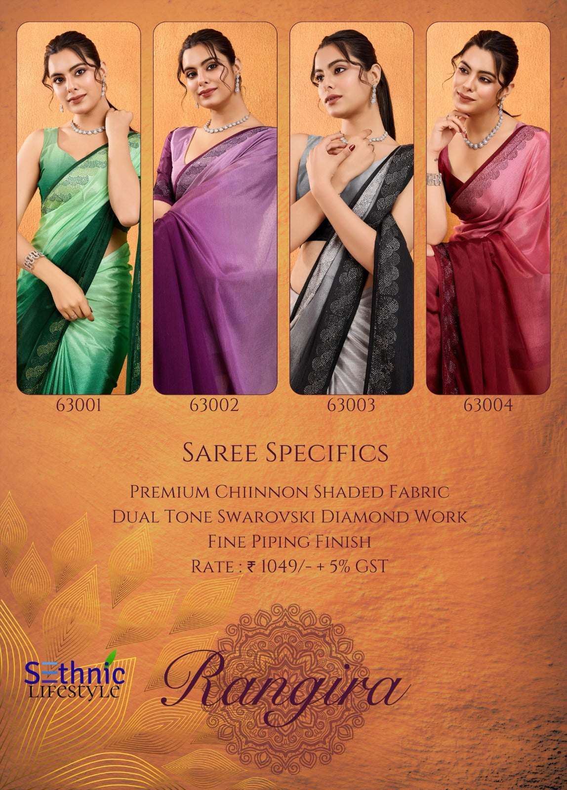 Rangira 63001 To 63004 Sethnic Chinon Sarees Wholesale Rate