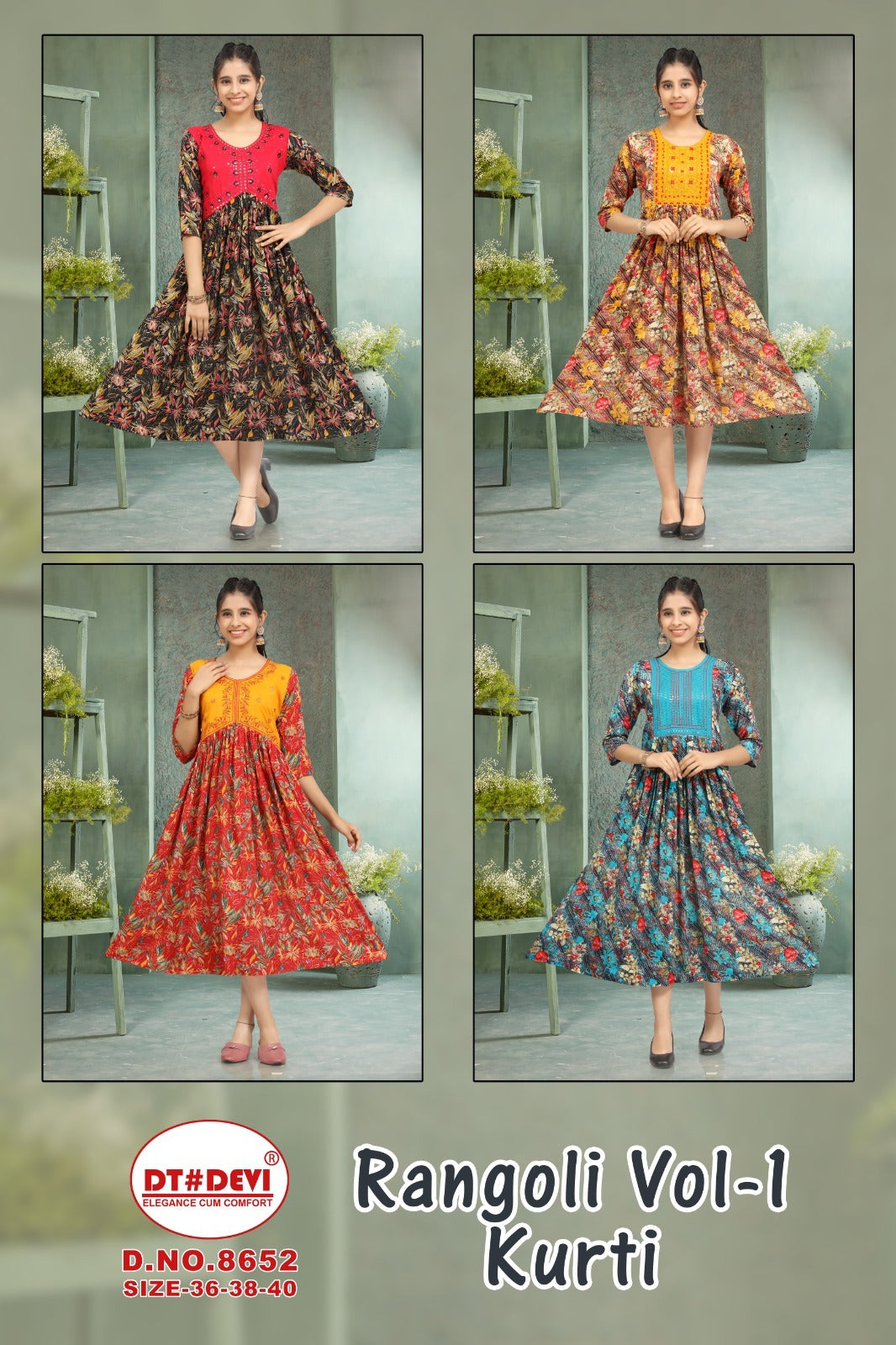 Rangoli Vol 1-8652 Dt Devi Rayon Anarkali Kurtis Manufacturer Ahmedabad