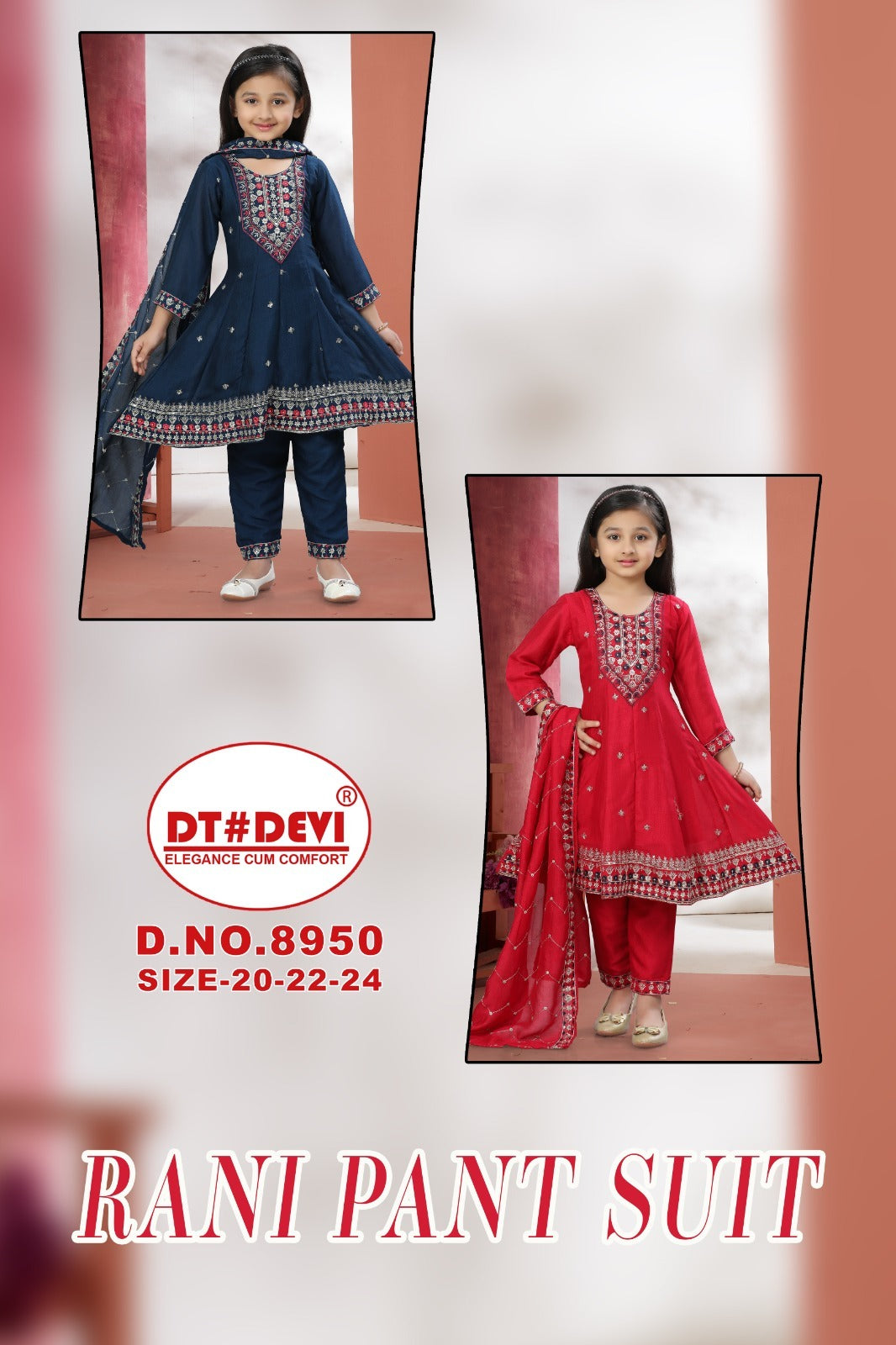 Rani Dn 8950 Dt Devi Vichitra Silk Girls Readymade Pant Suits Wholesale