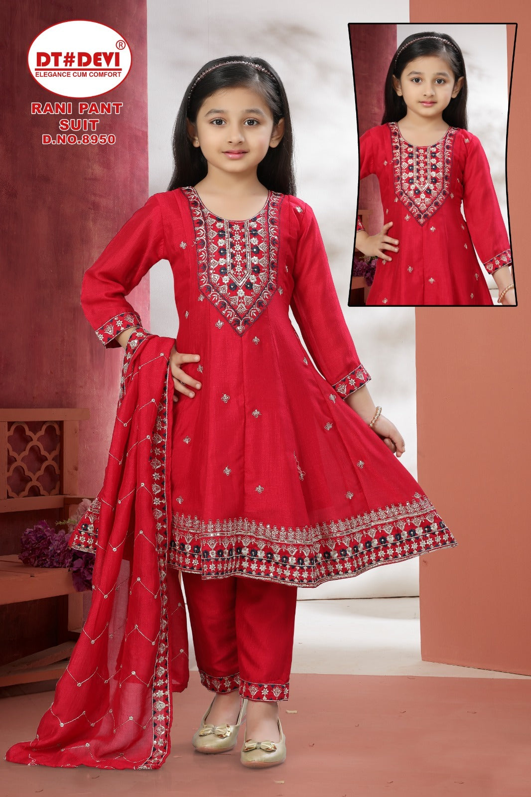 Rani Dn 8950 Dt Devi Vichitra Silk Girls Readymade Pant Suits Wholesale