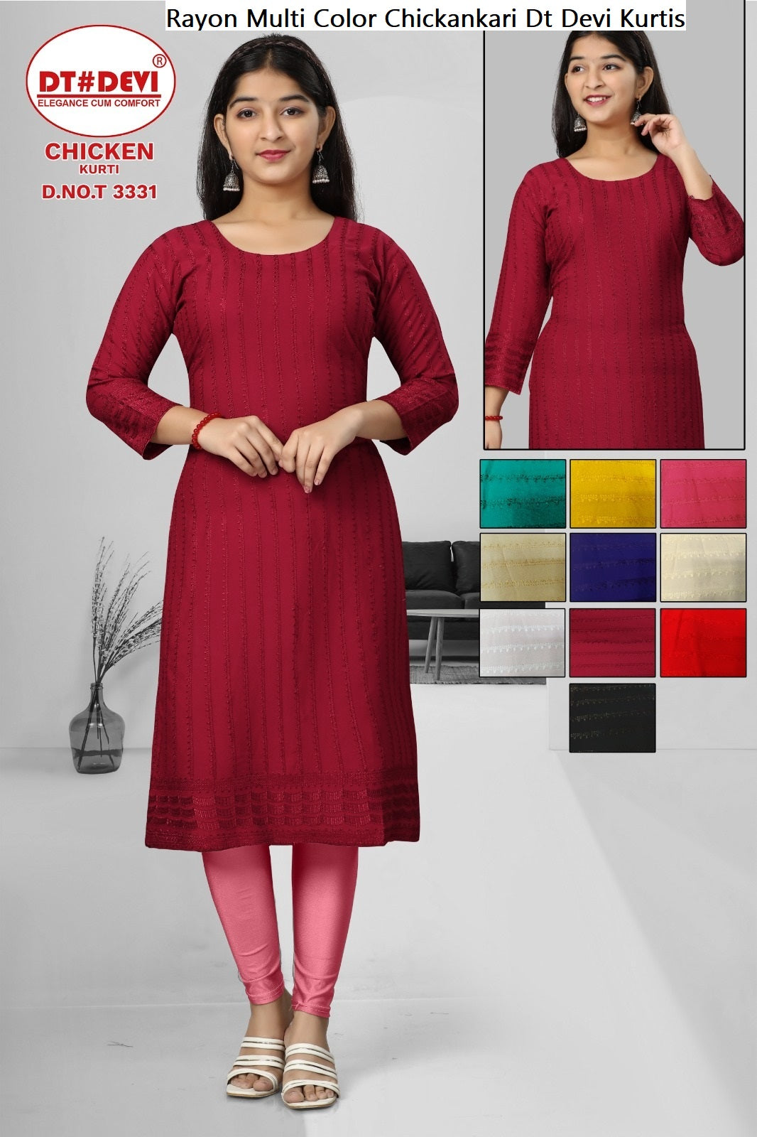 Rayon Multi Color Chickankari Dt Devi Kurtis Wholesale Price