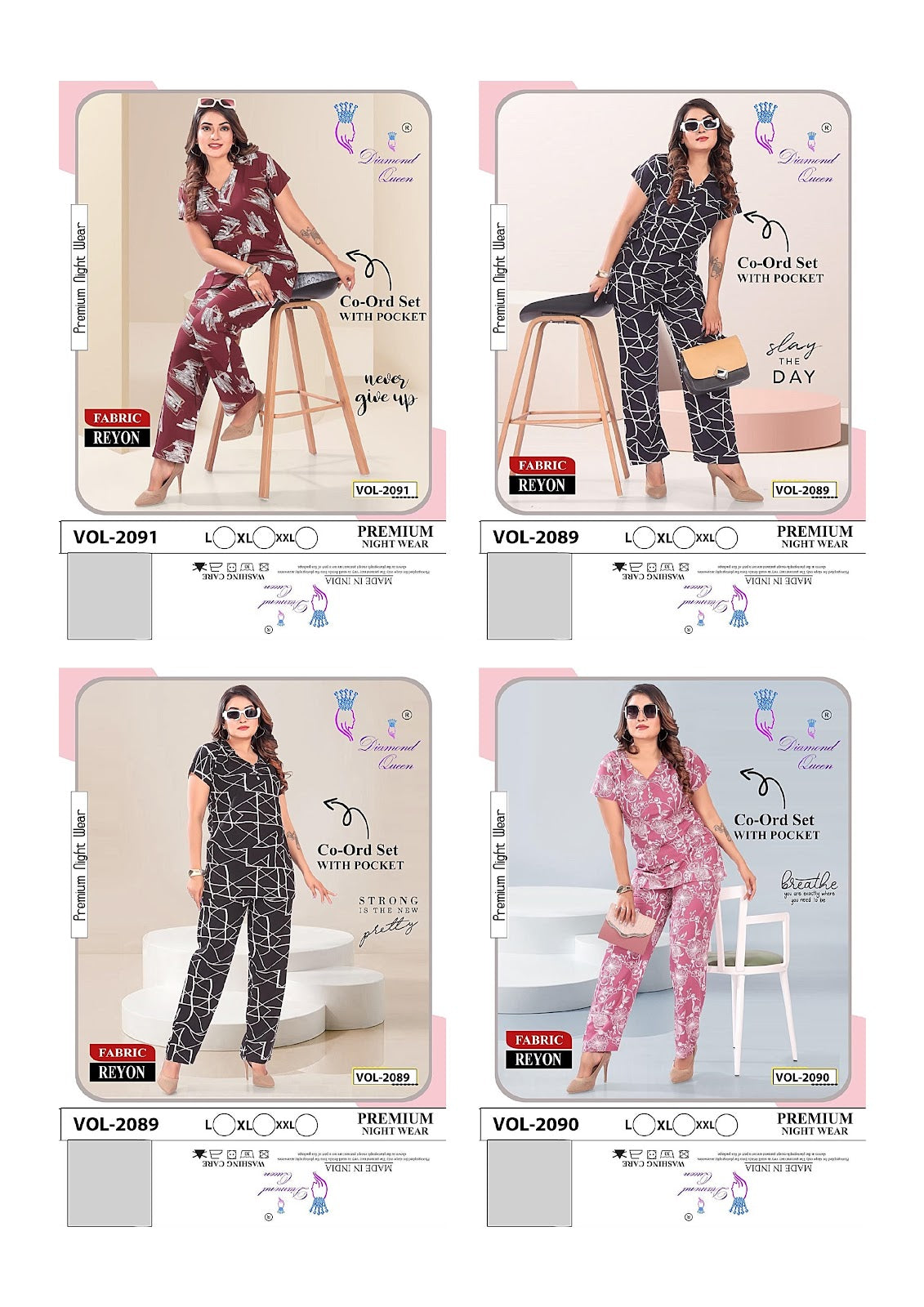 Rayon Pocket Diamond Queen Co Ord Set Wholesaler