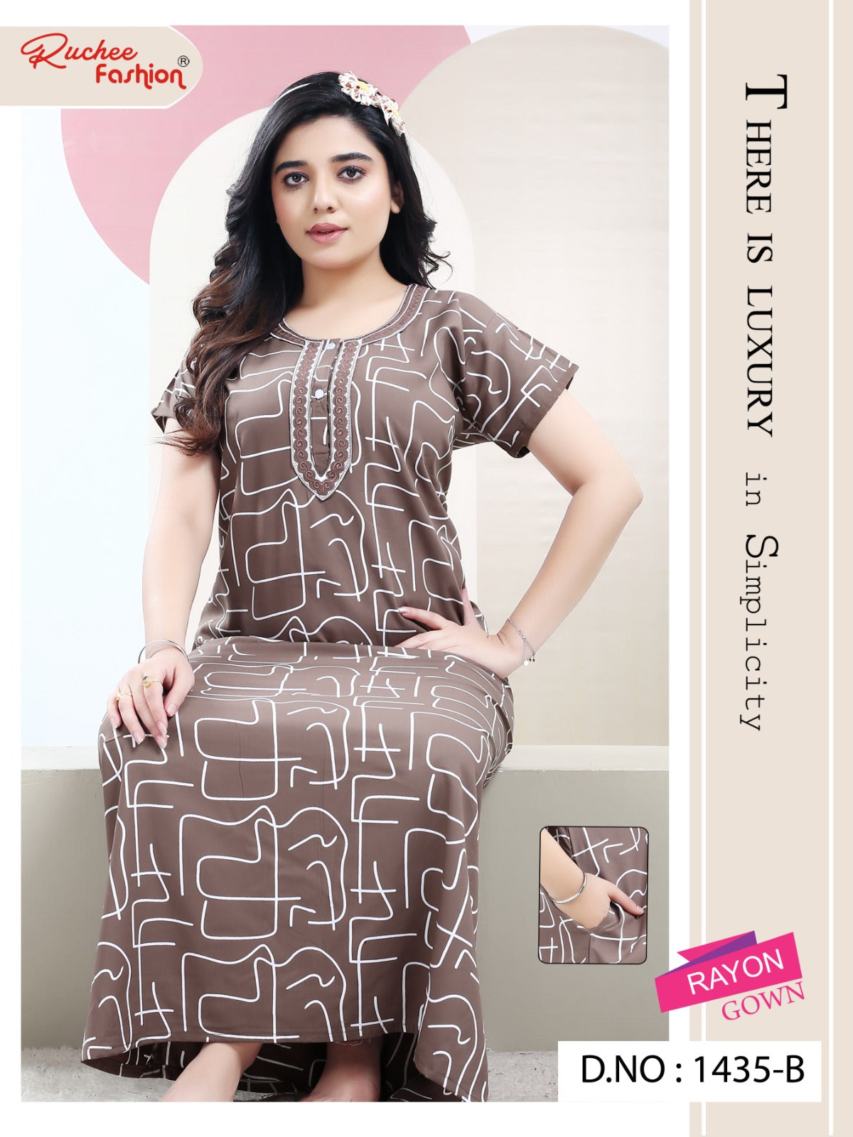 Rayon Pocket Ruchee Fashion Night Gowns Wholesale