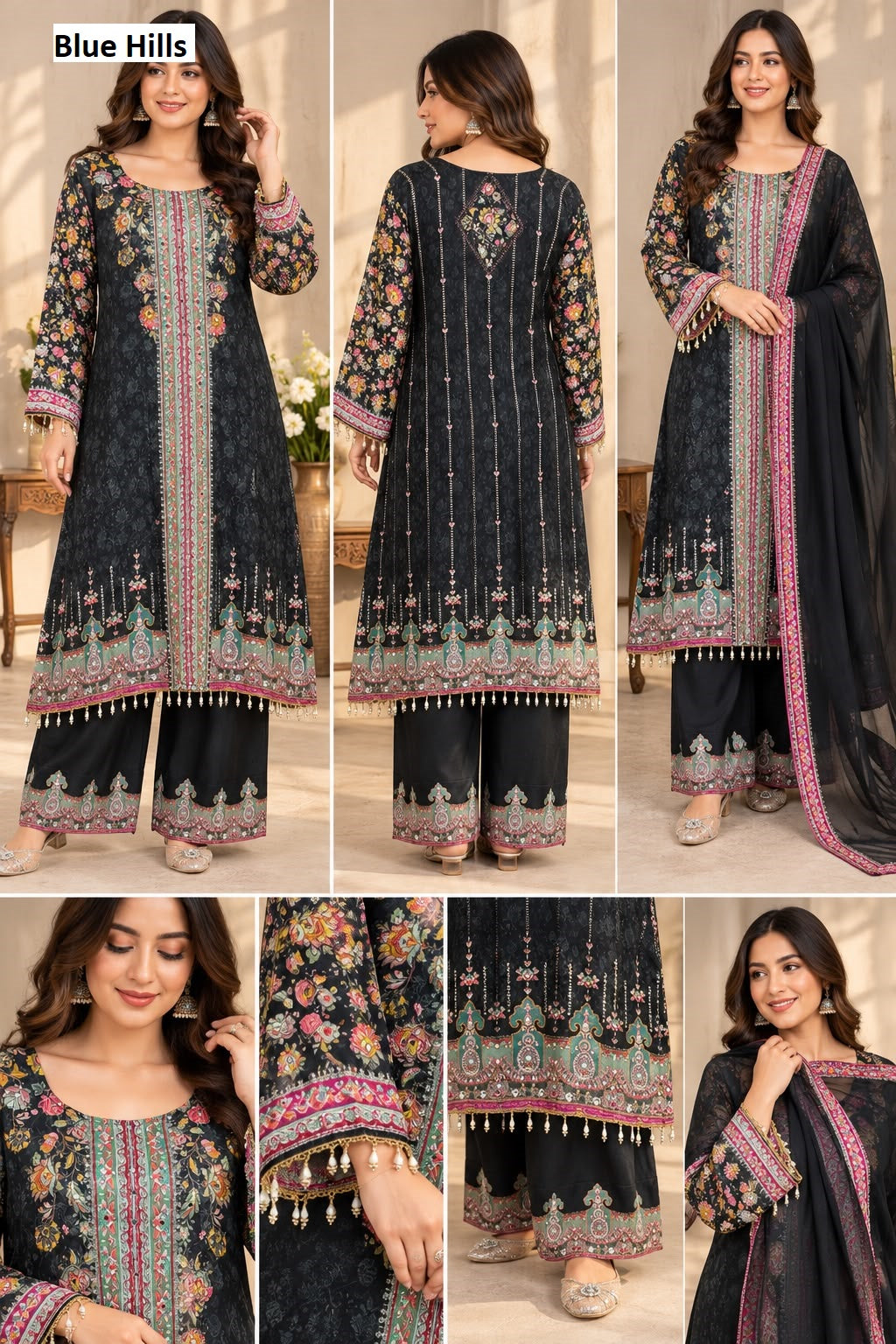 Real Mirror Work 2210 Blue Hills Crepe Pakistani Readymade Suits Supplier India
