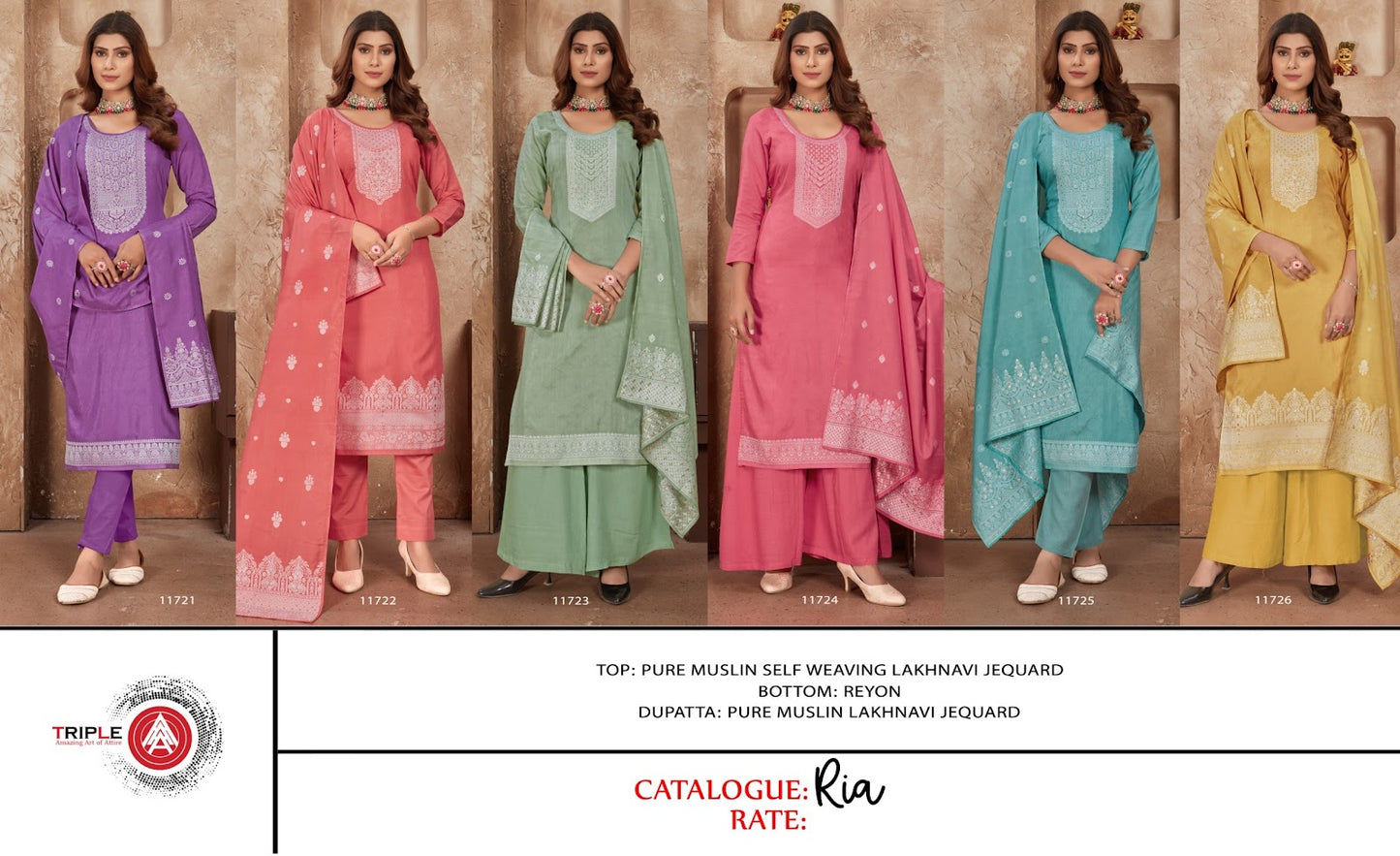 Ria Triple Aaa Pure Muslin Plazzo Style Suits Wholesale Price