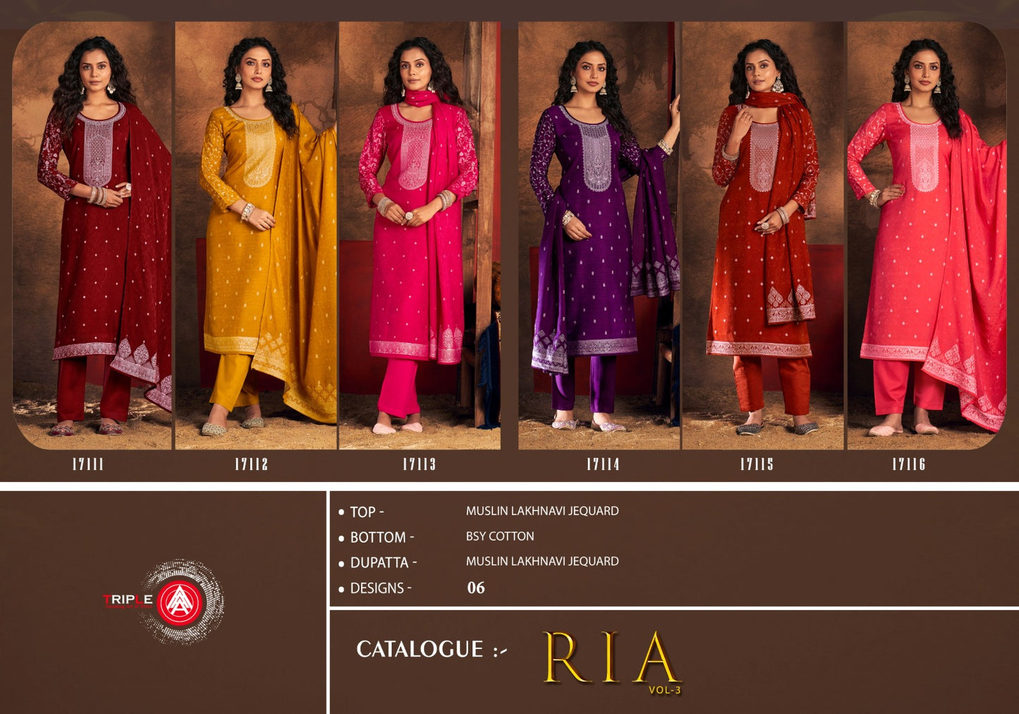 Ria Vol 3 Triple Aaa Muslin Jacquard Pant Style Suits Supplier Ahmedabad