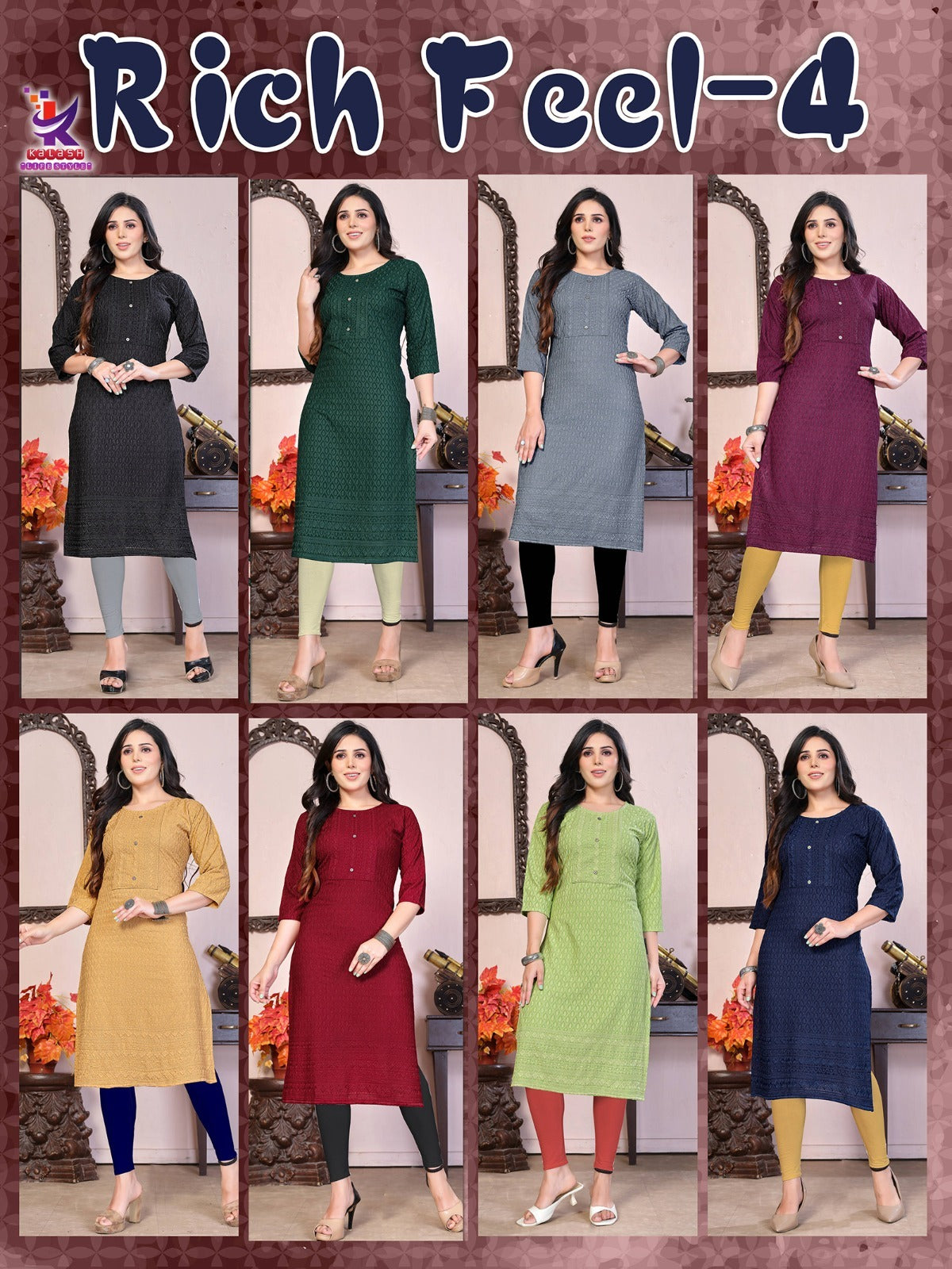 Rich Feel 4 Mlm Kalash Lifestyle Heavy Rayon Knee Length Kurtis