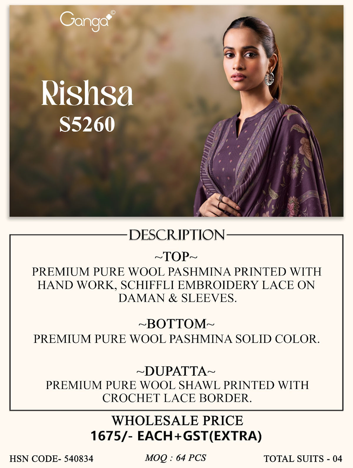 Rishsa S5260 Ganga Wool Pashmina Suits Wholesale Price