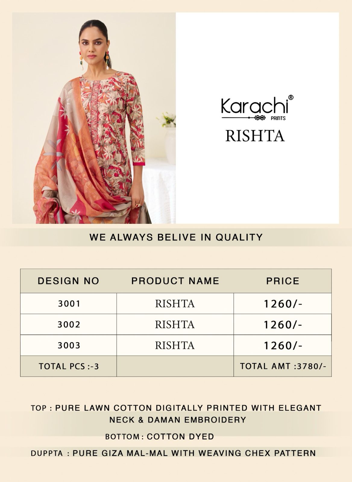 Rishta 3001 Karachi Prints Lawn Cotton Pant Style Suits Wholesale Price