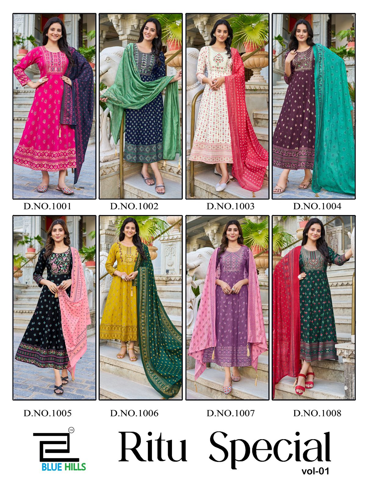 Ritu Special Vol 1 Blue Hills Rayon 14Kg Gown Dupatta Set Manufacturer Ahmedabad