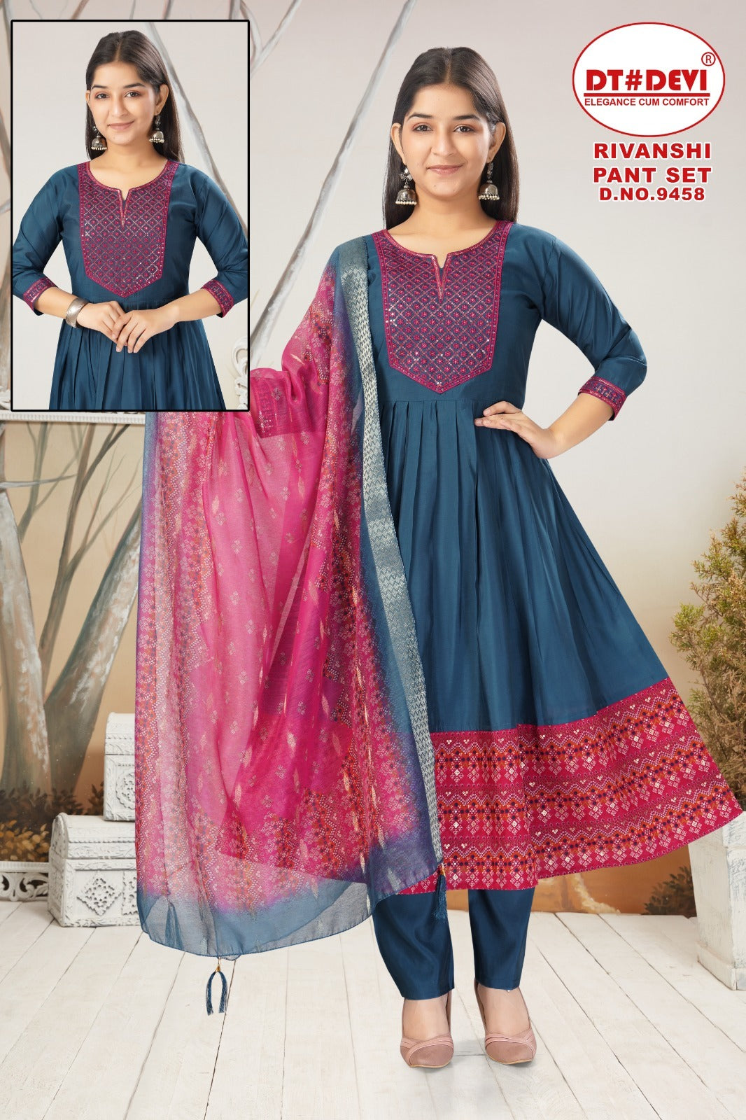 Rivanshi Dn 9458 Dt Devi Roman Silk Girls Readymade Pant Suits Wholesale Price