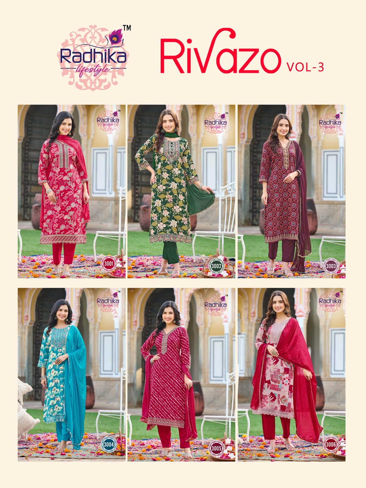 Rivazo Vol 3 Radhika Lifestyle Reyon Readymade Pant Style Suits Supplier Gujarat