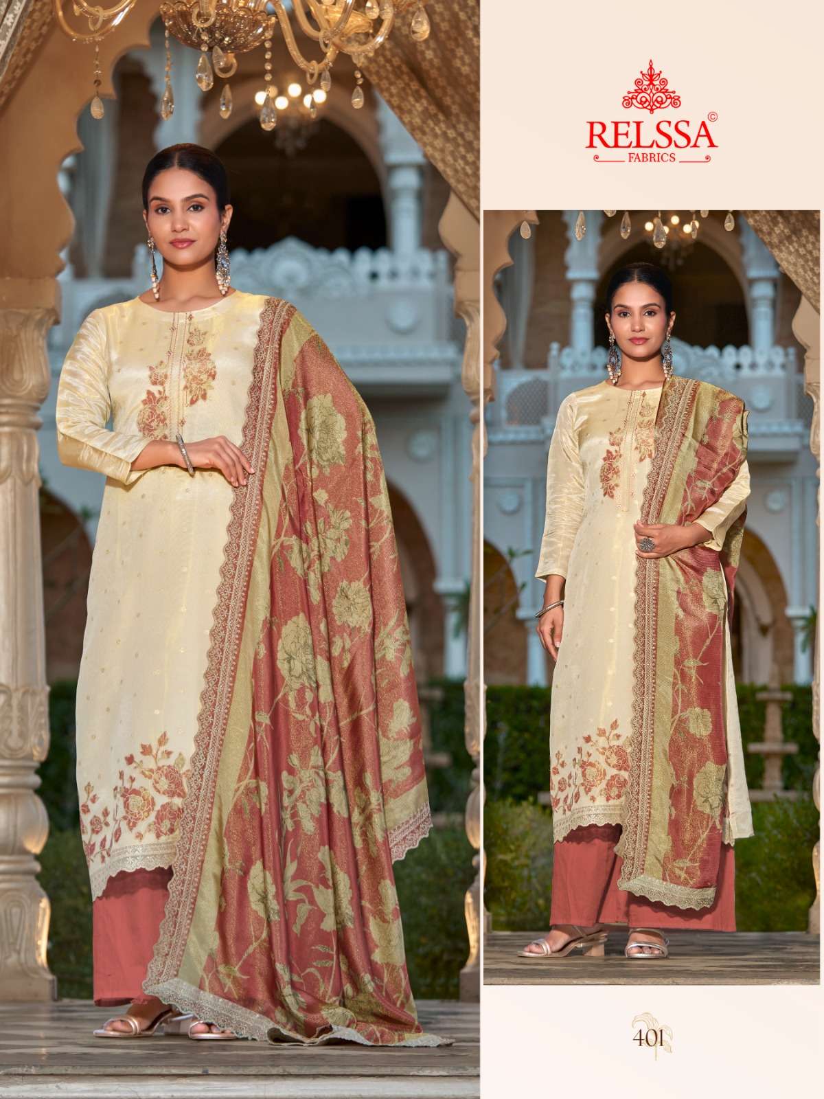 Riyasa 4 Relssa Fabrics Tissue Plazzo Style Suits Wholesale Price