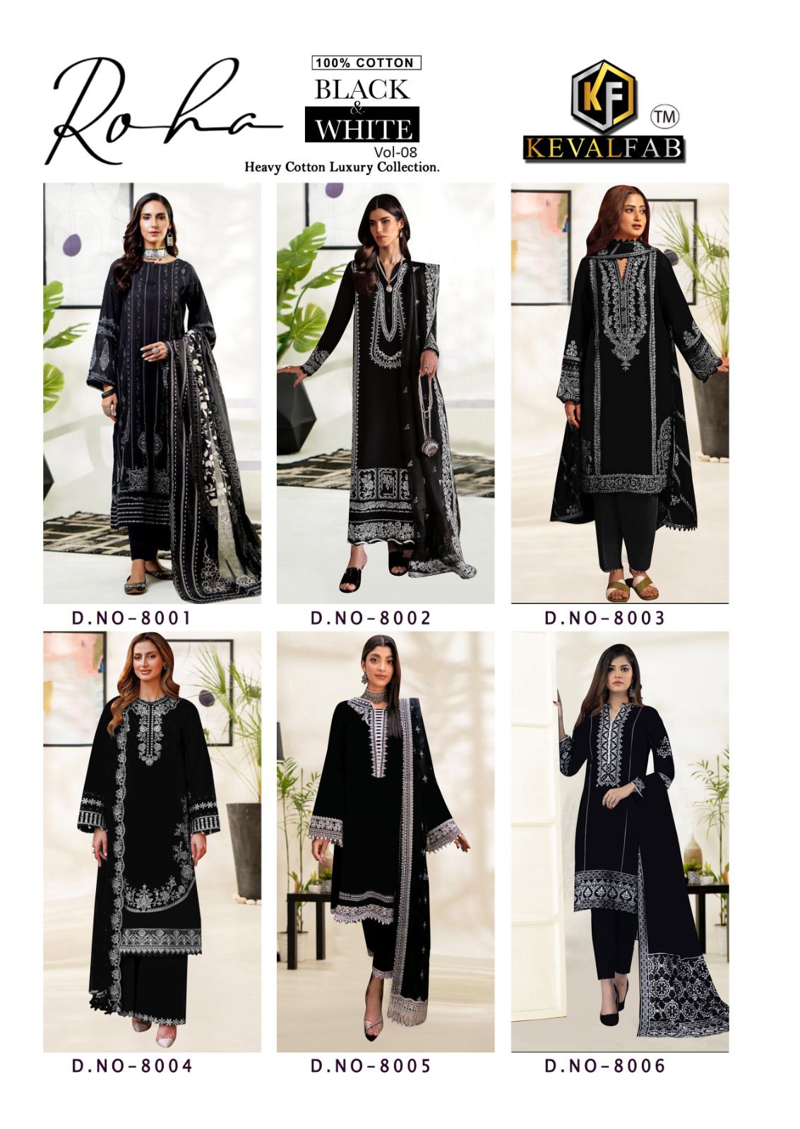 Roha Black And White Heavy Cotton Luxury Collection Vol 8 Keval Fab Karachi Salwar Suits Wholesaler