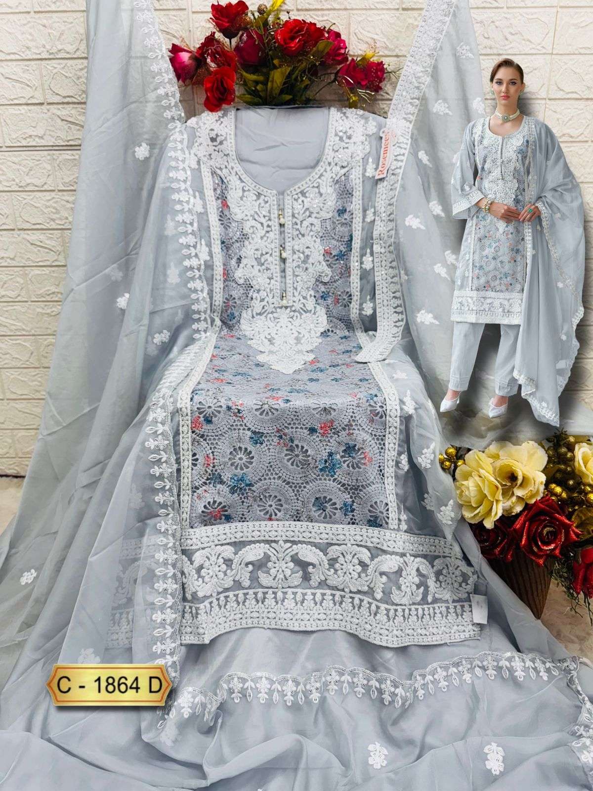 रोज़मीन सी 1864 फेपिक ऑर्गेंजा पाकिस्तानी सलवार सूट थोक मूल्य