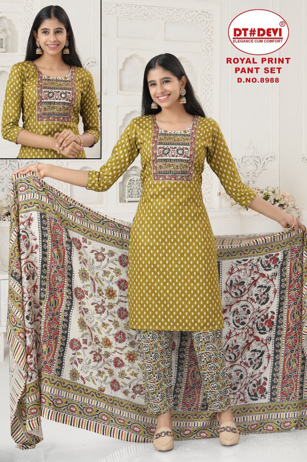 Royal Print Dn 8988 Dt Devi Cotton Girls Readymade Pant Suits Wholesale Rate