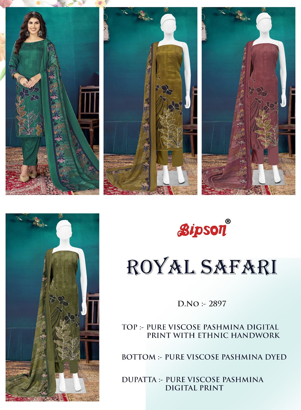 Royal Safari 2897 Bipson Prints Viscose Pashmina Suits Wholesale Price