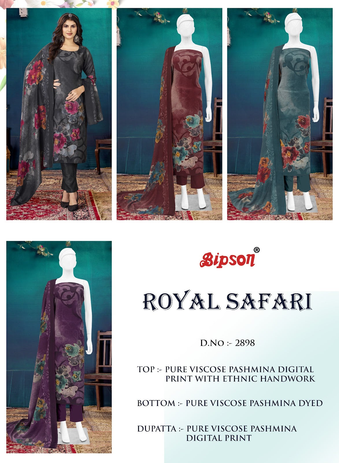 Royal Safari 2898 Bipson Prints Viscose Pashmina Suits Wholesaler Ahmedabad