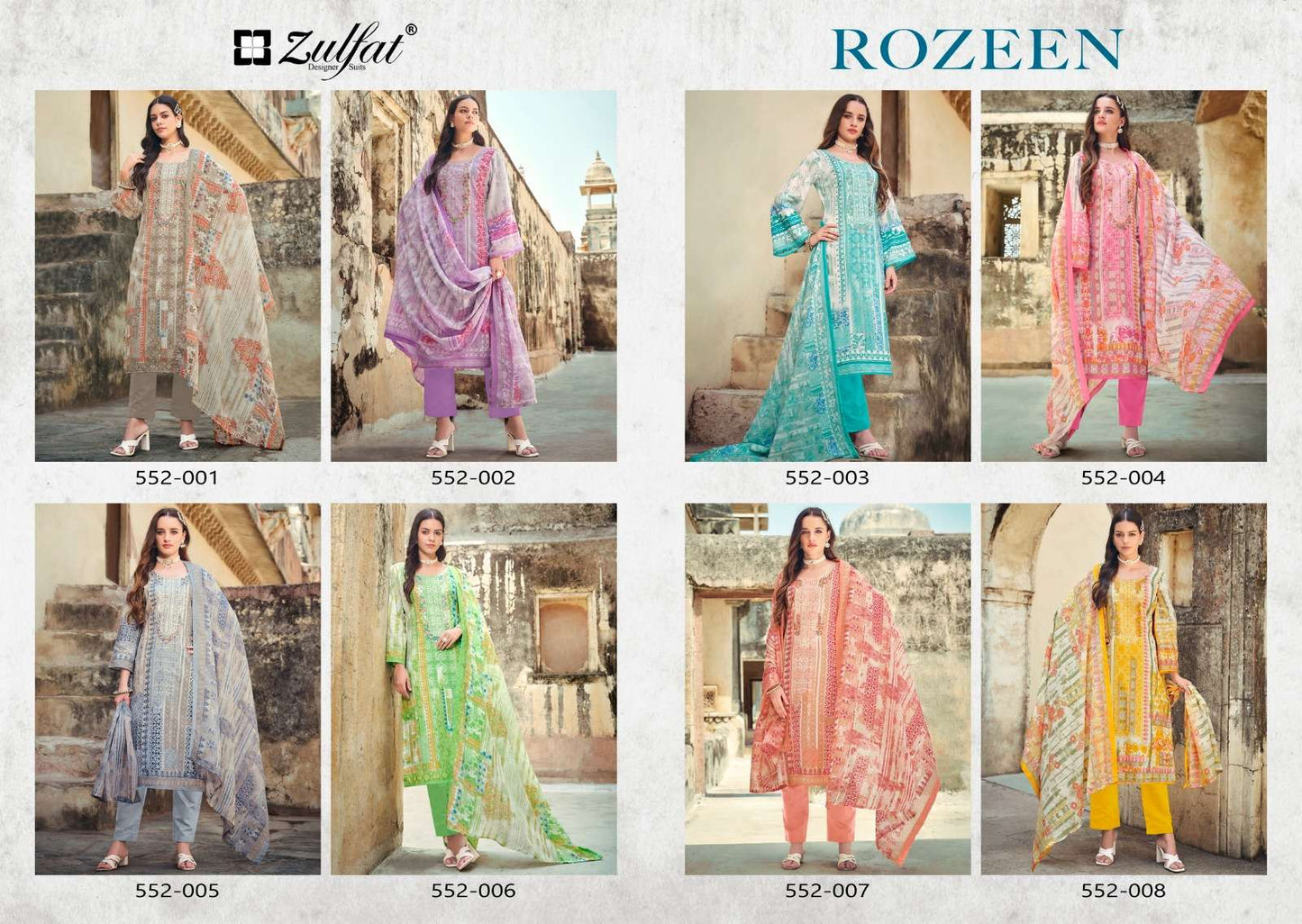 Rozeen Zulfat Designer Cotton Karachi Salwar Suits Manufacturer Gujarat