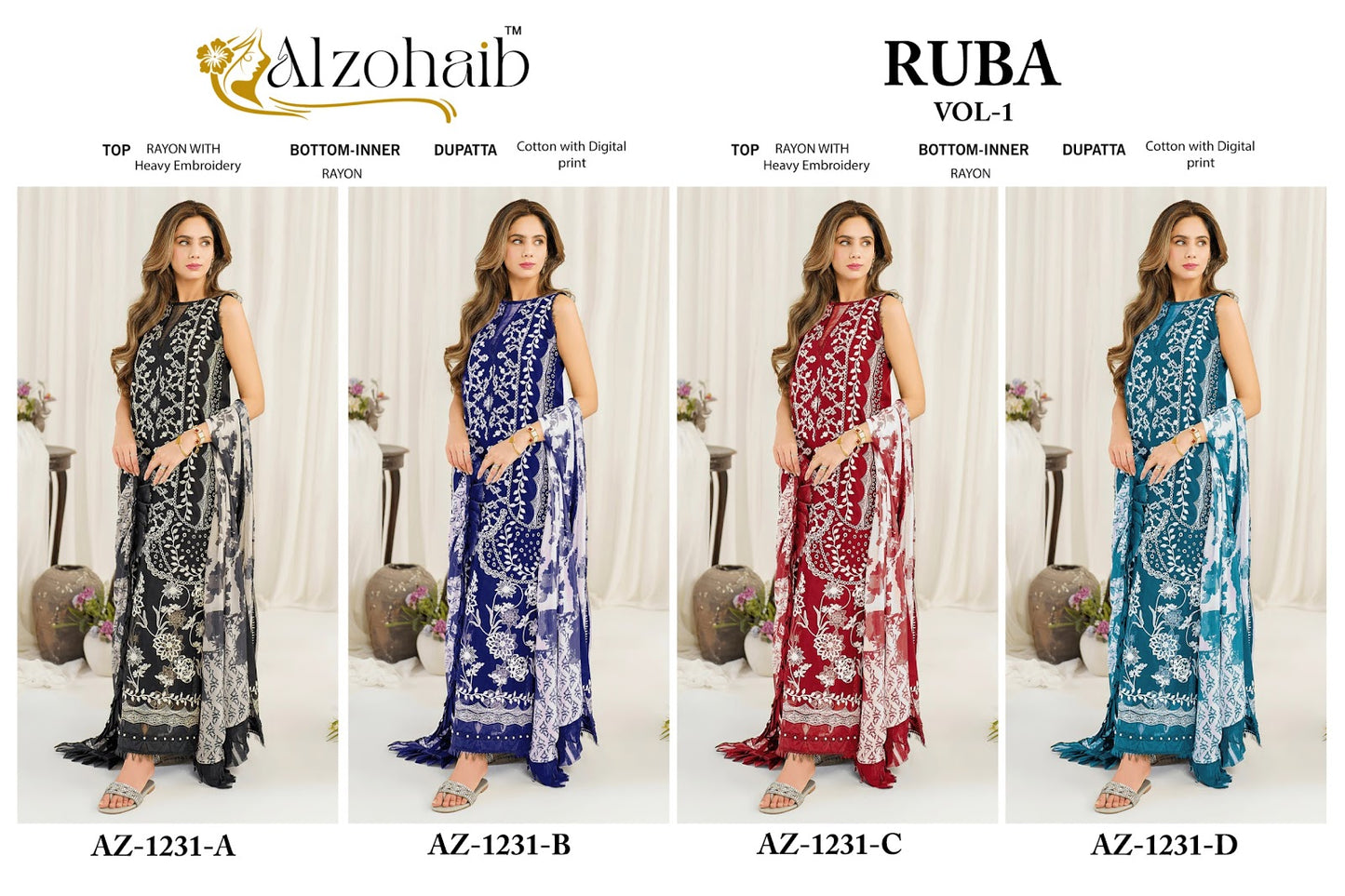 Ruba Vol 1 Az 1231 Al Zohaib Rayon Cotton Karachi Salwar Suits Wholesale