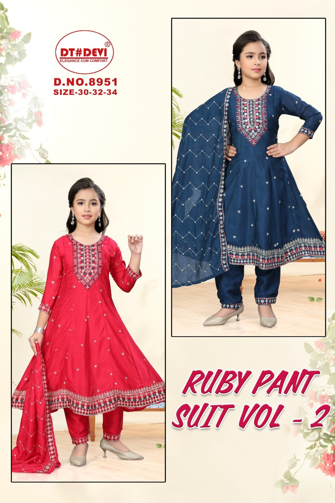 Ruby Vol 2 Dn 8951 Dt Devi Vichitra Silk Girls Readymade Pant Suits Wholesaler Gujarat