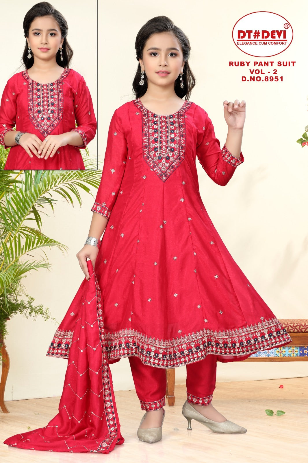 Ruby Vol 2 Dn 8951 Dt Devi Vichitra Silk Girls Readymade Pant Suits Wholesaler Gujarat