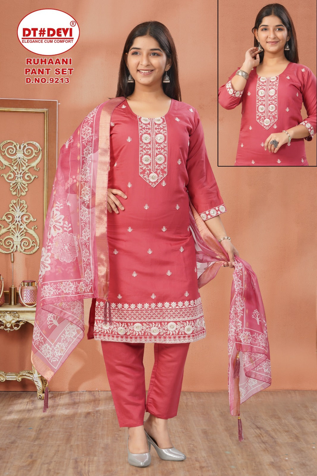 Ruhaani Dn 9213 Dt Devi Roman Silk Girls Readymade Pant Suits Wholesale Price