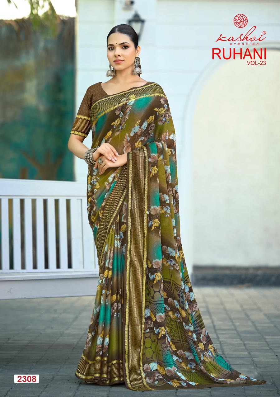 Ruhani Vol 23 Kashvi Creation Dull Moss Sarees Wholesaler Ahmedabad