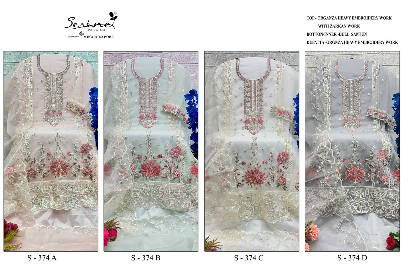 S 374 Abcd Serine Organza Pakistani Salwar Suits Wholesale Rate