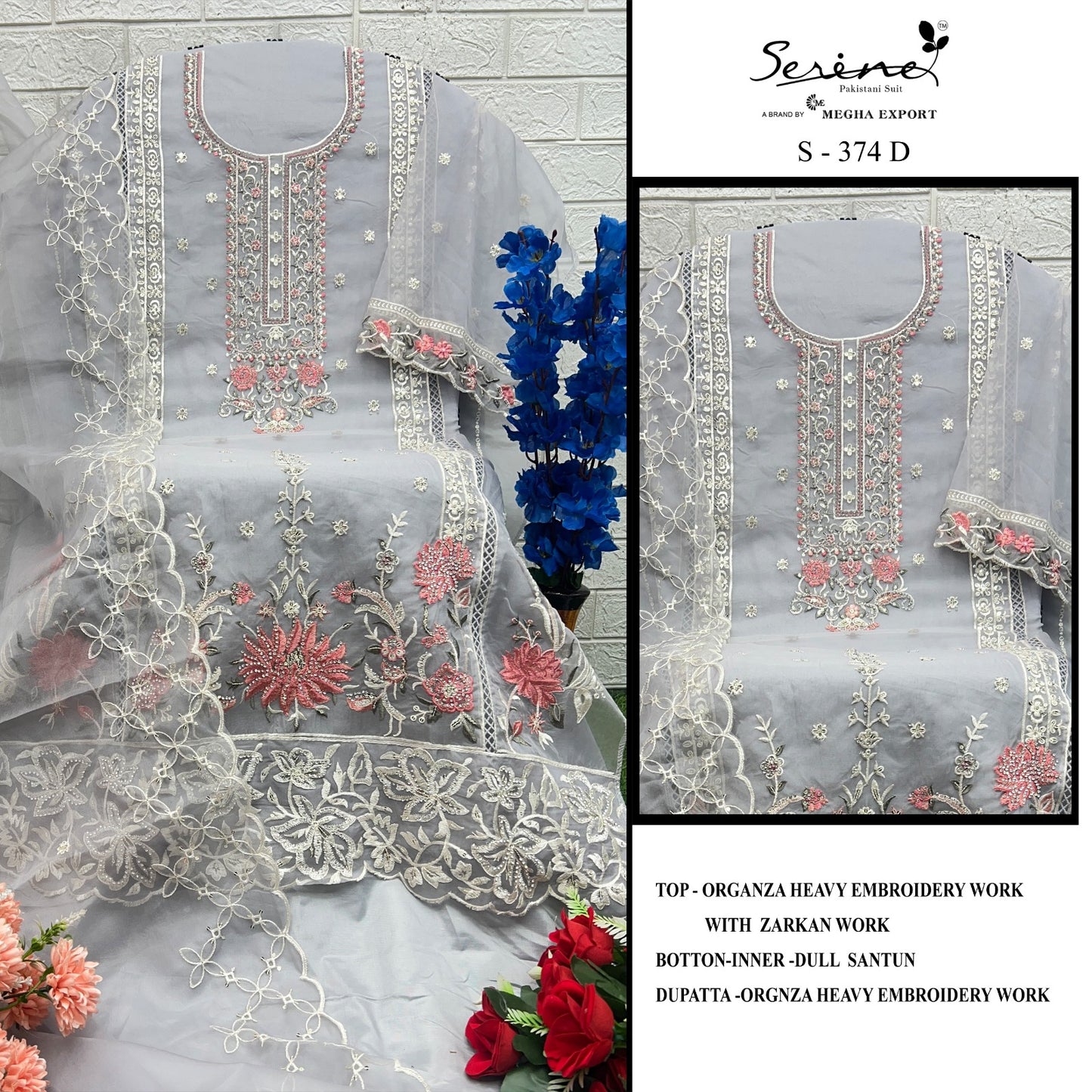 S 374 Abcd Serine Organza Pakistani Salwar Suits Wholesale Rate