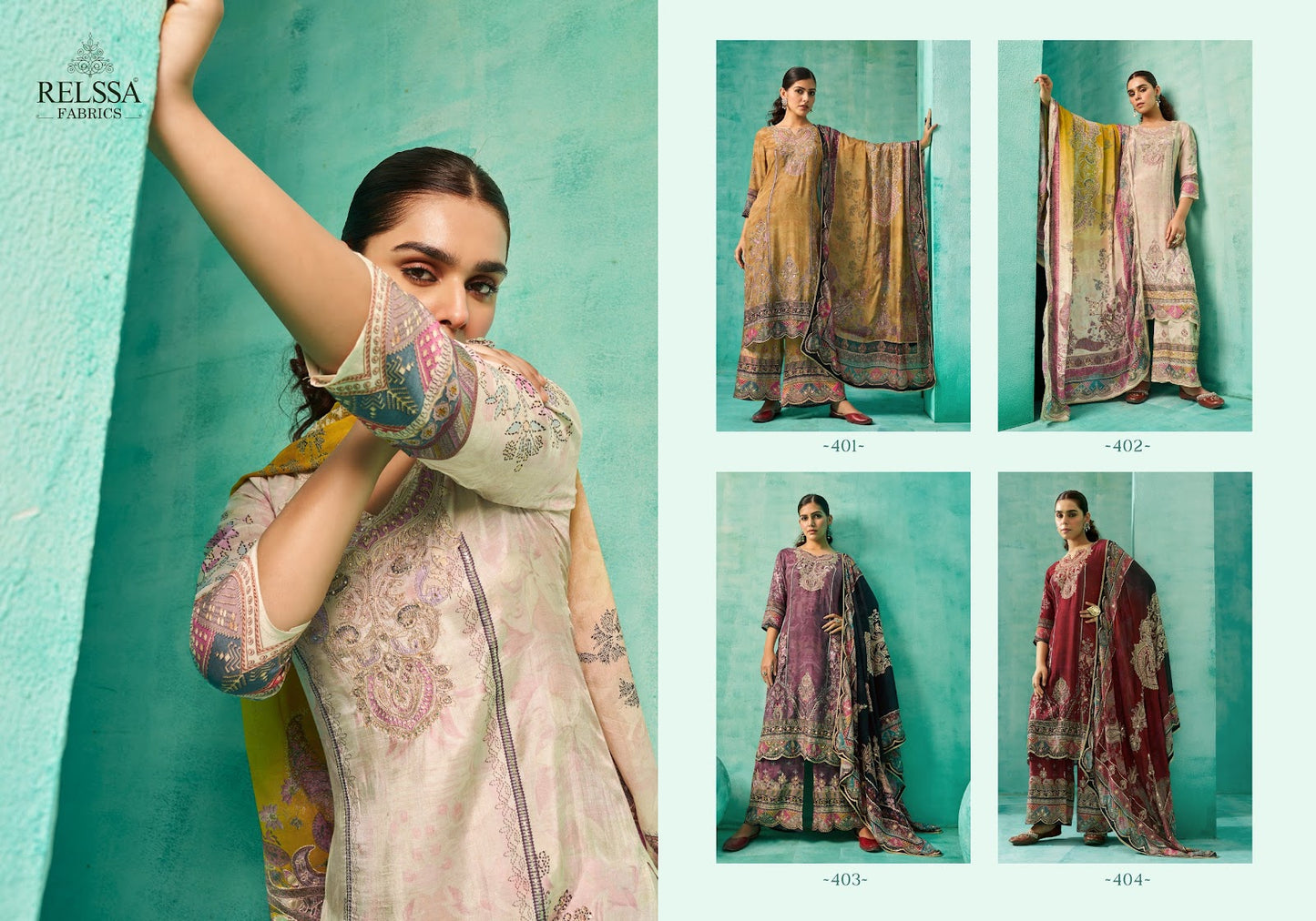 Saachi Vol 4 Relssa Fabrics Chinon Pant Style Suits Supplier Ahmedabad