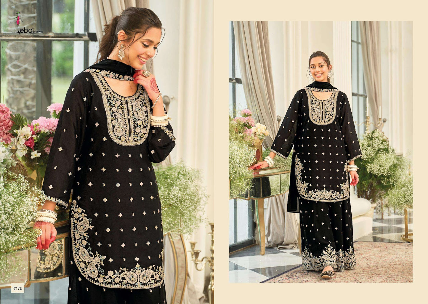 Saaj Black-White Eba Lifestyle Chinon Pakistani Readymade Suits Supplier Ahmedabad