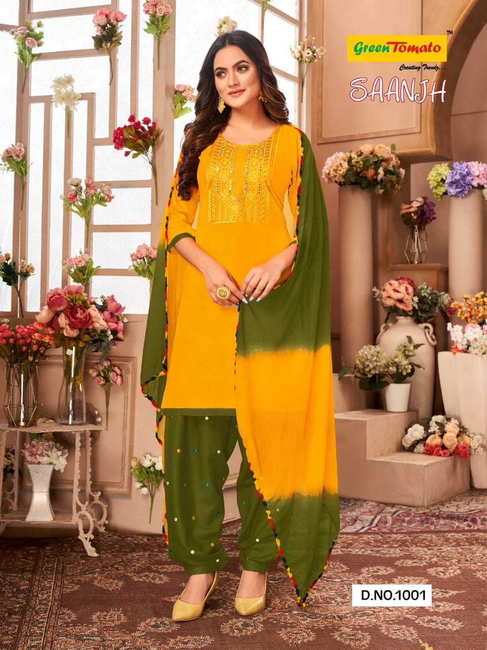 Saanjh Green Tomato Rayon Readymade Salwar Suits Wholesale Rate