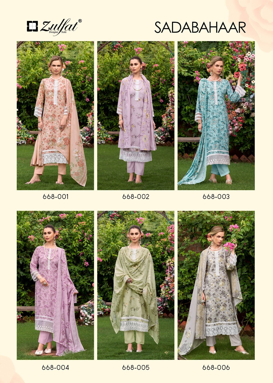 Sadabahaar Zulfat Designer Cotton Karachi Salwar Suits Exporter