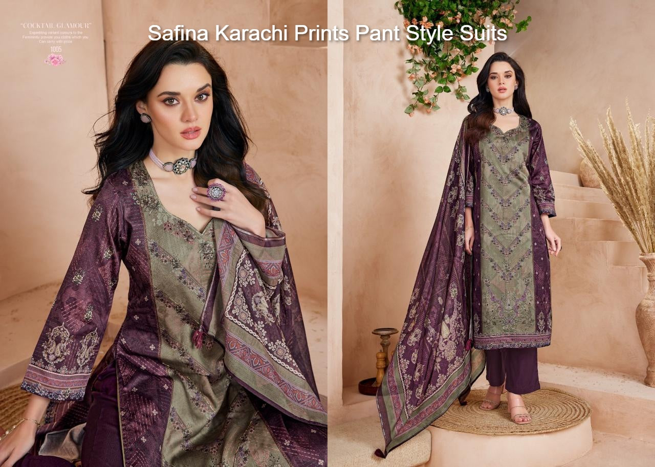 Safina Karachi Prints Jam Satin Pant Style Suits Supplier India