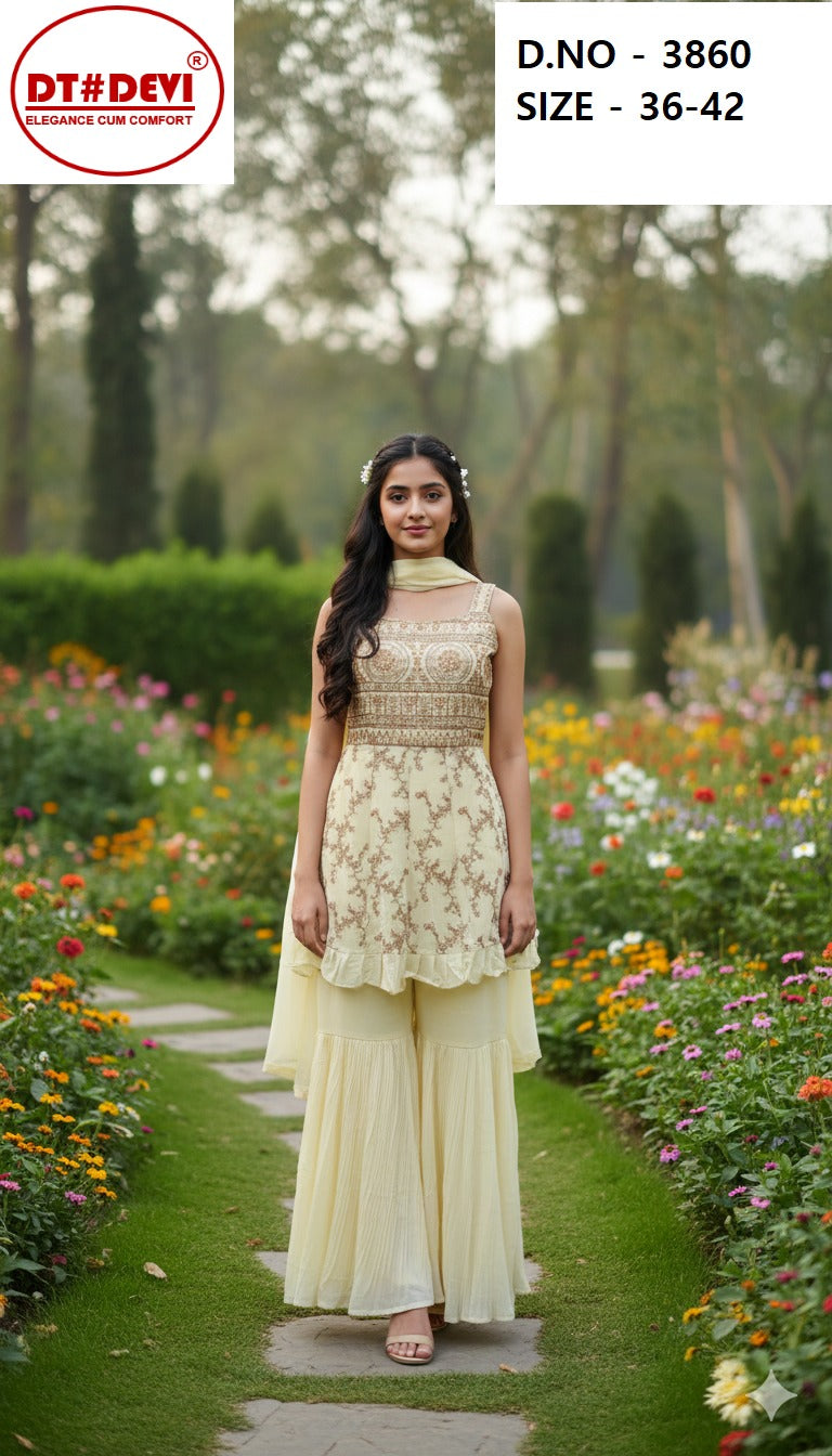 Saiyaara D No 3860 Dt Devi Georgette Readymade Girls Sharara Suits Supplier Ahmedabad