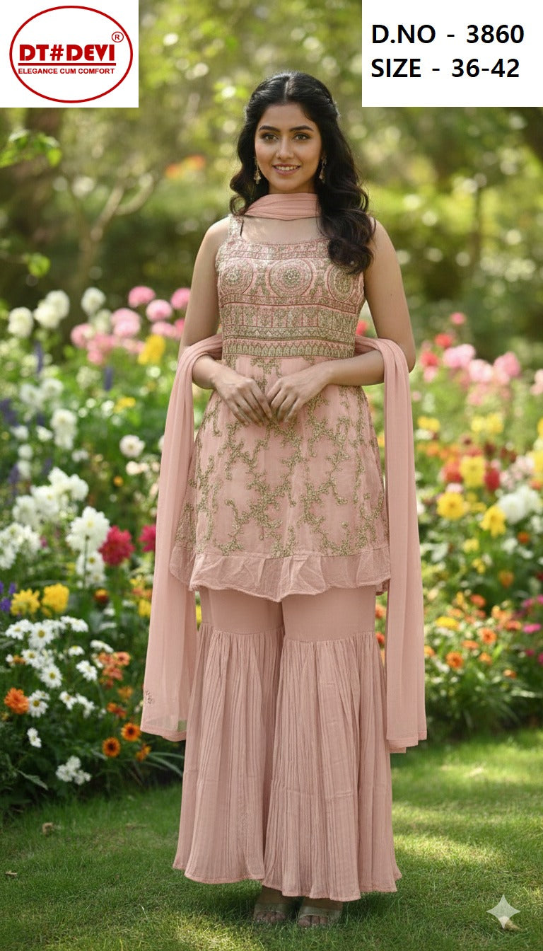 Saiyaara Design 3860 Dt Devi Georgette Readymade Girls Sharara Suits Exporter Ahmedabad